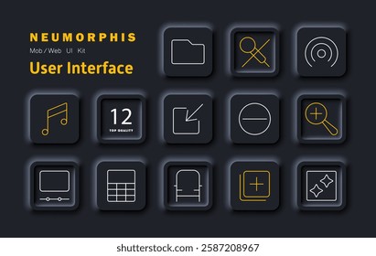 User interface set icon. Music, file management, search, settings, interaction, customization, media, selection, organization, navigation