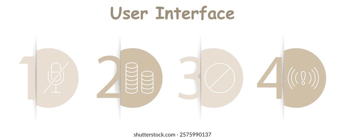 User interface set icon. Muted microphone, coin stacks, no entry symbol, warning signal, communication, restrictions, notifications, financial indicators