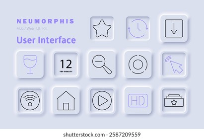 User interface set icon. Navigation, home, search, favorites, download, play button, Wi-Fi, settings, HD quality, file management, refresh, click interaction, media control, user experience