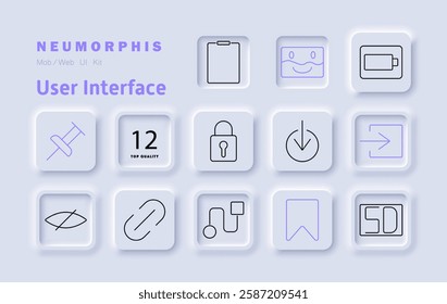 User interface set icon. Pin, lock, navigation, battery status, login, bookmark, security, file management, system settings, data processing, customization, interaction