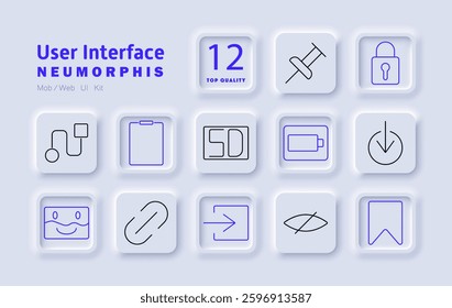 User interface set icon. Pin function, security lock, clipboard, SD card, download button, file sharing, battery status, link, exit button, hidden elements, bookmark