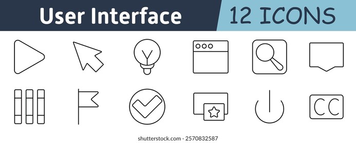 User interface set icon. Play, pointer, light bulb, browser, magnifier, message, books, flag, checkmark, card, power button, captions for functional controls