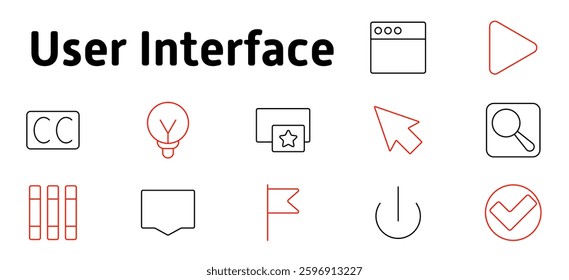 User interface set icon. Play button, search, lightbulb, closed captioning, cursor, favorite, navigation, notification, settings, accessibility, control, interaction, website elements