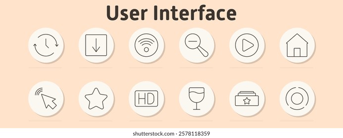 User interface set icon. Refresh arrow, download, Wi-Fi, magnifying glass, play icon, house, pointer, favorite star, HD video, wine glass, toolbox, radar circle