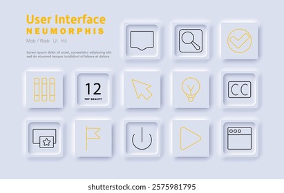 User interface set icon. Search, bookmarking, power button, web navigation, media controls, customization, notifications, online services, accessibility features