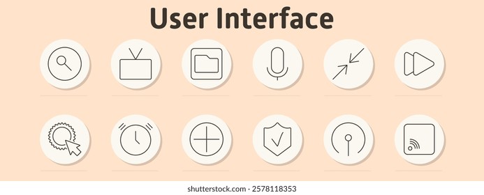 User interface set icon. Search icon, TV, folder, microphone, minimize arrows, forward, gear with cursor, clock, plus icon, shield with check, network, Wi-Fi signal.