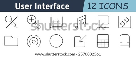 User interface set icon. Search, zoom in, add, music note, display settings, sparkle effect, folder, radar, minimize, expand, grid layout, seat layout for apps