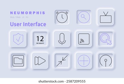 User interface set icon. Security, microphone, search, TV, settings, media control, interaction, Wi-Fi connection, smart navigation, streaming, software design, digital experience, usability