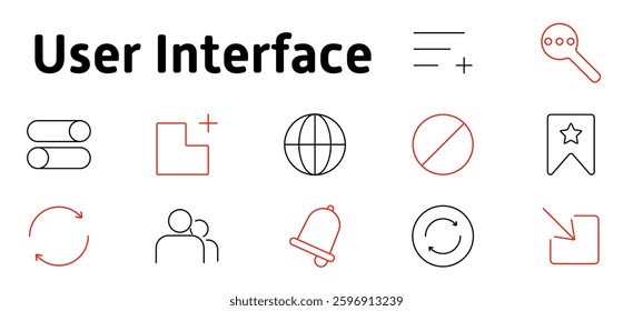 User interface set icon. Settings, search, bookmark, notification, sync, user, toggle, layout, web, add, disable, reload, interaction, control, design