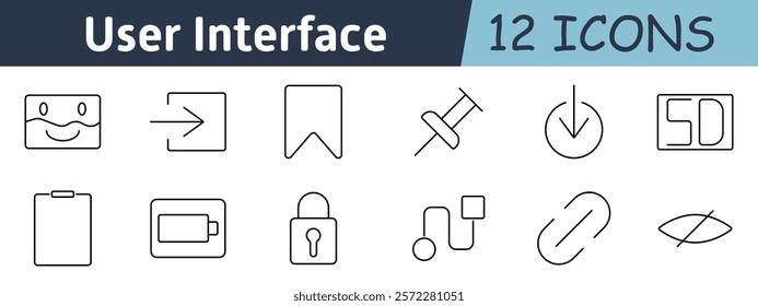 User interface set icon. Smile face, forward arrow, bookmark, pin, power button, SD card, clipboard, battery, lock, flowchart, link, hidden view, app design, navigation