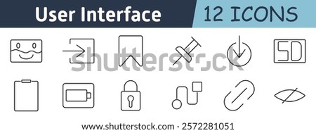 User interface set icon. Smile face, forward arrow, bookmark, pin, power button, SD card, clipboard, battery, lock, flowchart, link, hidden view, app design, navigation