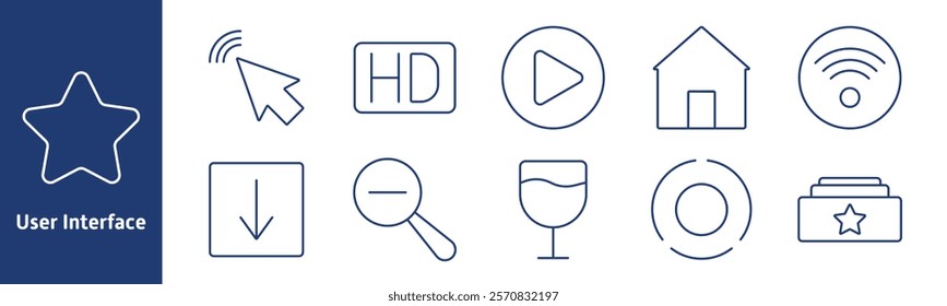 User interface set icon. Star, cursor, HD, play, home, Wi-Fi, download, search, circle, wine glass, folder, favorite, navigation, control