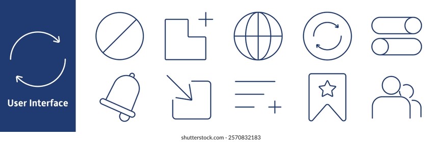 User interface set icon. Synchronization, block, plus, globe, toggle, notification, insert, bookmark, user profiles, layout, settings, navigation