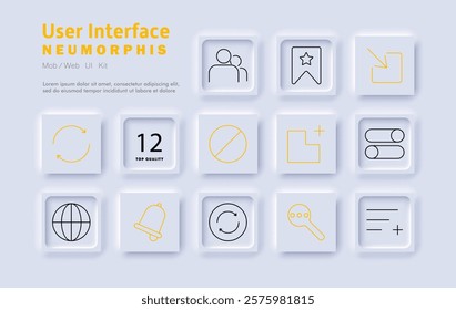 User interface set icon. Web design elements, site navigation, interaction tools, user profile, settings, notifications, application layout, digital experience, customization