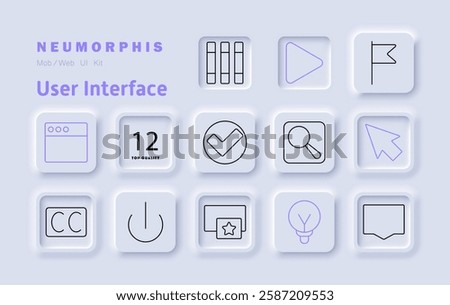 User interface set icon. Web browser, play button, flag, search, cursor, power button, notifications, accessibility, bookmarks, settings, confirmation check, idea, navigation