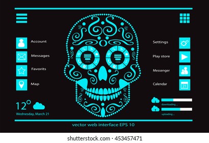 User interface with skull icon as background and navigation icons, instead of eyes for web design