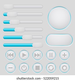 User interface slider, buttons set. Light gray collection with blue backlight. Vector  illustration