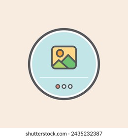 User interface slider filled icon with activity dots, sun and green mountains landscape picture concept inside a blue circle background