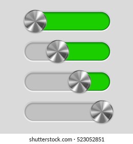 User interface slider. Metal button on green bar. Vector illustration