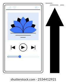 Interface do usuário de um player de áudio smartphone exibindo um design floral na tela com uma seta para cima ao lado dele. Ideal para música, tecnologia, interface de usuário, progresso, conceitos de crescimento. Arte vetorial