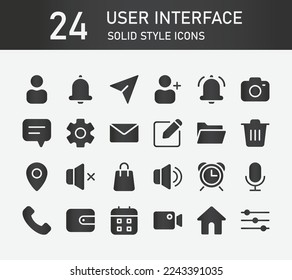 La colección de iconos sólidos de la interfaz de usuario, contiene iconos como interfaz, esenciales, de mensajes e iconos básicos. Colección de iconos de silueta de interfaz de usuario, conjunto de iconos web simples.