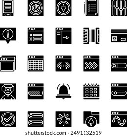 User Interface Solid Icons Set. Such as Navigation, Form, Calendar, Button, Checkbox, Avatar, Tab, Notification, Card, Accordion, Slider, Table, Breadcrumb, Dropdown, File Upload.