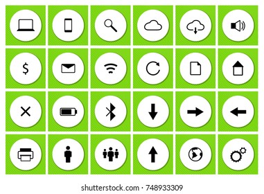 User interface technology black vector icon set on white circle for ui, web, application, app, ui and print. Simple design illustration. Green line background.