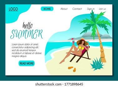 User interface template for summer vacation and tourism web site. Nice girl in a hat sunbathes in a deck chair on the sea beach. Landing page easy to edit. Stock vector flat modern illustration.