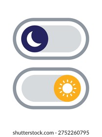 User interface toggle switch icon representing dark mode and light mode with moon and sun symbols. Used in mobile apps, software, and websites to switch between night theme and daylight display settings.