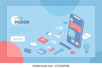 User Interface UI and User Experience UX design. Interface construction. Mobile application, program development. Isometric vector illustration for banner, website.	
