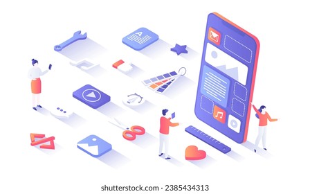 User Interface UI and User Experience UX design. Interface construction. Mobile application, program development. Isometry illustration with people scene for web graphic.	
