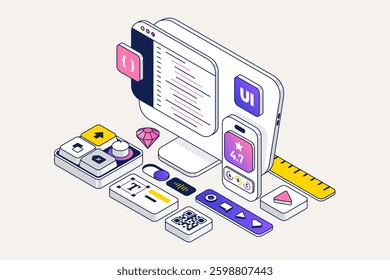 User Interface UI and User Experience UX design. Interface construction. Mobile and web application, program development. Trendy isometric illustration for web on white background. Vector Illustration