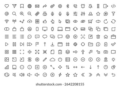 User Interface ui, ux web icons in line style. User, profile, message, mobile app, document file, social media, button, home, chat, arrow, collection. Vector illustration.