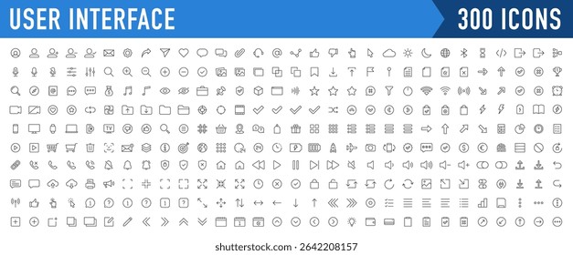 User Interface ui, ux web icons in line style. User, profile, message, mobile app, document file, social media, button, home, chat, arrow, collection. Vector illustration.
