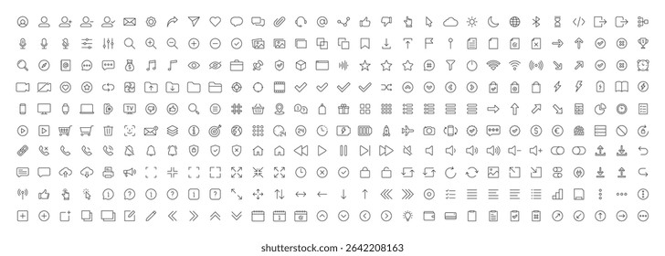 User Interface ui, ux web icons in line style. User, profile, message, mobile app, document file, social media, button, home, chat, arrow, collection. Vector illustration.