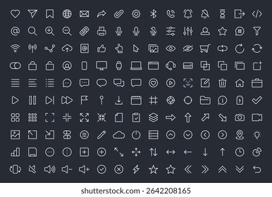 User Interface ui, ux web icons in line style. User, profile, message, mobile app, document file, social media, button, home, chat, arrow, collection. Vector illustration.