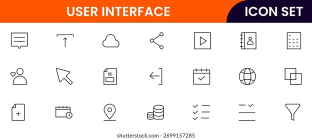 User Interface ui, ux web icons in line style. User, profile, message, mobile app, document file, social media, button, home, chat, arrow, collection. Vector illustration.