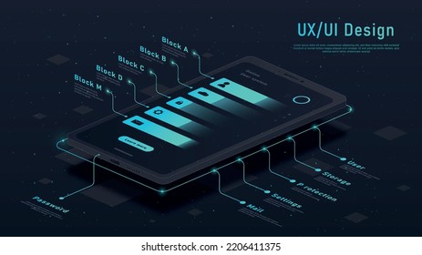 User interface or UX. Smartphone with icons, poster or banner for website. Modern technologies and digital world. Graphic elements for programs and applications. Cartoon neon vector illustration