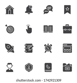 User interface vector icons set, modern solid symbol collection, filled style pictogram pack. Signs, logo illustration. Set includes icons as home, notification bell, message bubble, user contact book