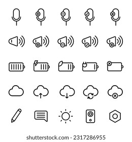 User interface vector line icons set for web, mobile, or design graphic. Contains such icon as microphone, volume, battery, cloud, and more.
