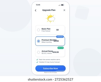 Interfaz de usuario de un App de Clima que muestra varios Planes de suscripción, incluidas las opciones básicas, premium mensuales y anuales, con características y detalles de Precios que se muestran claramente.