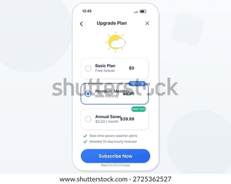 User interface of a weather app showing various subscription plans including basic, premium monthly, and annual options with features and pricing details displayed clearly.