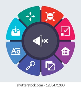 user interface and web vector template for infographics. Business concept with 9 options, steps, parts, segments. Banner infographic cycling diagram, round chart, Mute, Move, Minus, Minimize icons