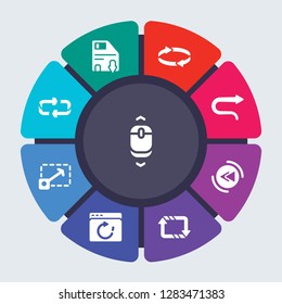 user interface and web vector template for infographics. Business concept with 9 options, steps, parts, segments. Banner infographic cycling diagram, round chart, Scroll, Save, Rotate icons