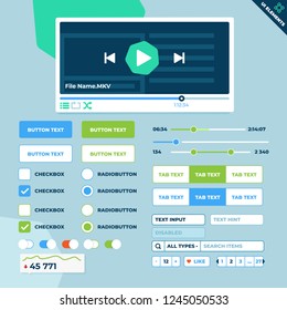 User Interface Widgets Set. Interface Elements Templates in flat vector style for web, mobile and business design. Video Player Interface with additional elements and controls.