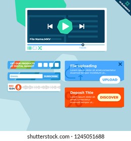 User Interface Widgets Set. Interface Elements Templates in flat vector style for web, mobile and business design. Video Player Interface with additional elements and controls.