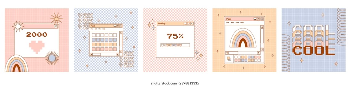 User Interface y2k set card. Retro stickers with lettering, notifications and more. Nostalgia pc elements and operating system. Nostalgia pc elements. Delicate pastels vector illustration