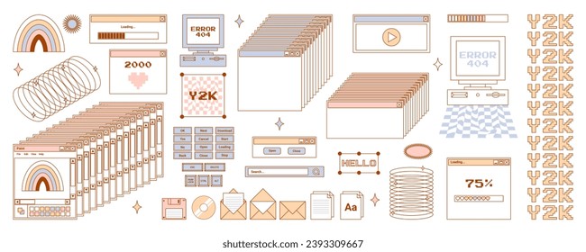 User Interface y2k stickers. Retro icon browser, buttons, screen computer, folder, file, document thumbnails, loading progress bar, notifications and more. Delicate pastels vector illustration.