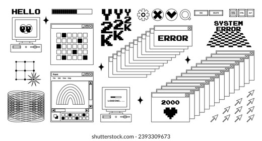 User Interface y2k stickers. Retro icon browser, buttons, screen computer, document thumbnails, loading progress bar, notifications and more. Black white vector illustration.