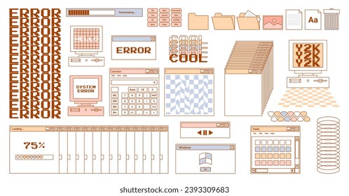 User Interface y2k stickers. Retro icon browser, buttons, screen computer, folder, file, document thumbnails, loading progress bar, notifications and more. Delicate pastels vector illustration.